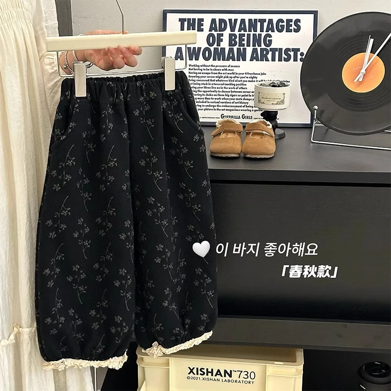 女宝宝碎花百搭灯笼裤薄绒2025春秋新款女宝宝韩系宽松针织棉长裤