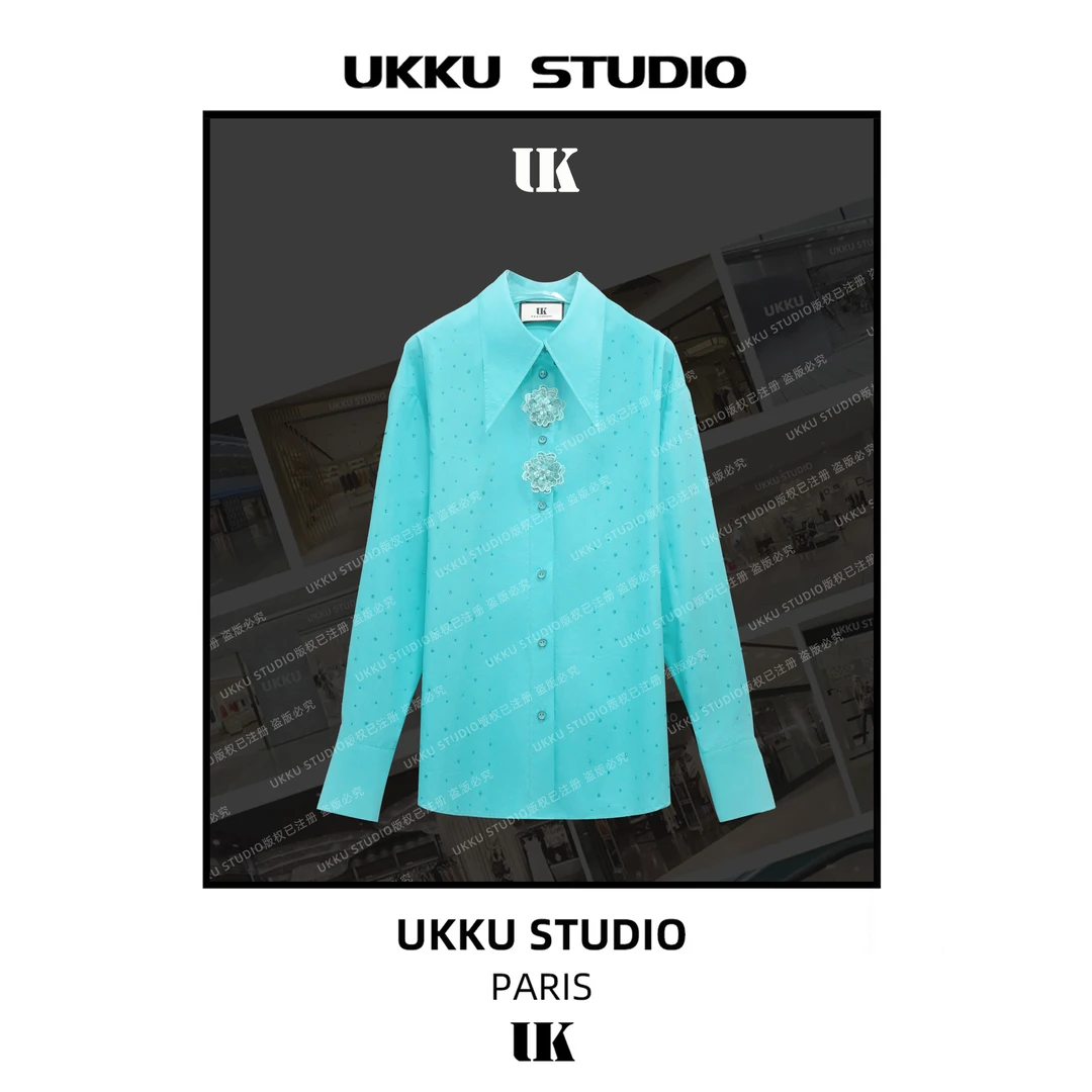 LILI【UKKUSTUDIO】时尚设计蓝色拼接亮钻重磅加厚玫瑰衬衫613326