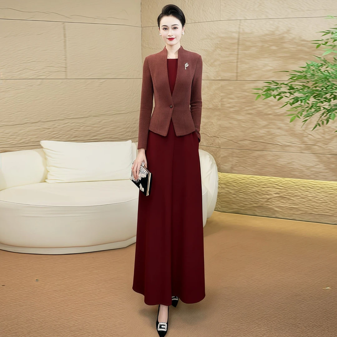 酒红色女连衣裙2025年秋冬加厚气质修身高级感穿搭假两件长裙68