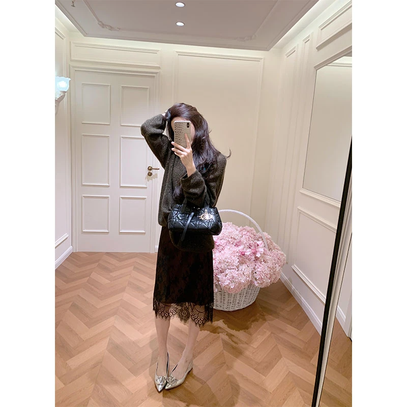 韩系秋冬通勤风时尚洋气高级感长袖百搭上衣高腰蕾丝边半身裙套装