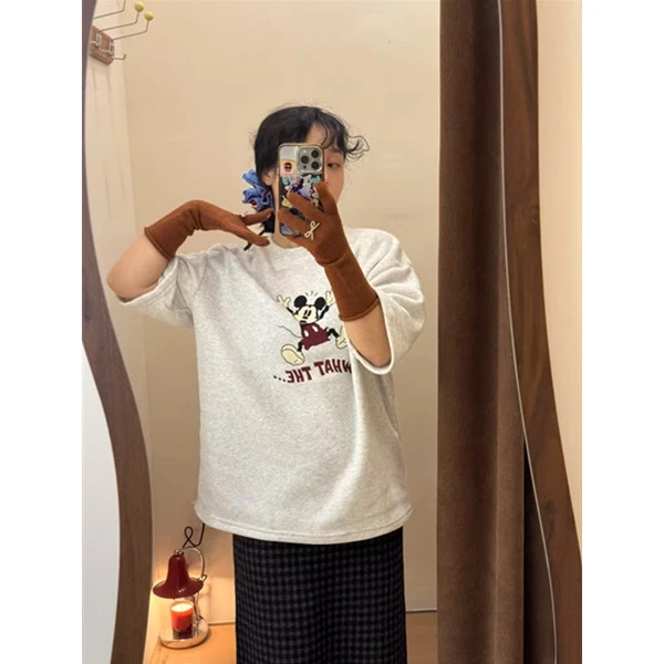 秋冬磨毛短袖T恤女设计感洋气米奇头宽松中长款半袖上衣