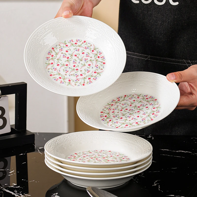 句途花影回纹4个7英寸深盘浮雕纹花卉汤盘ins风加高加厚陶瓷饭盘