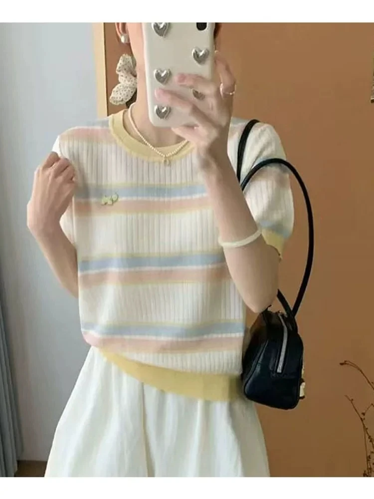 【彩虹小狗-黄】2025夏季新款韩版拼色条纹针织衫休闲百搭薄款上衣