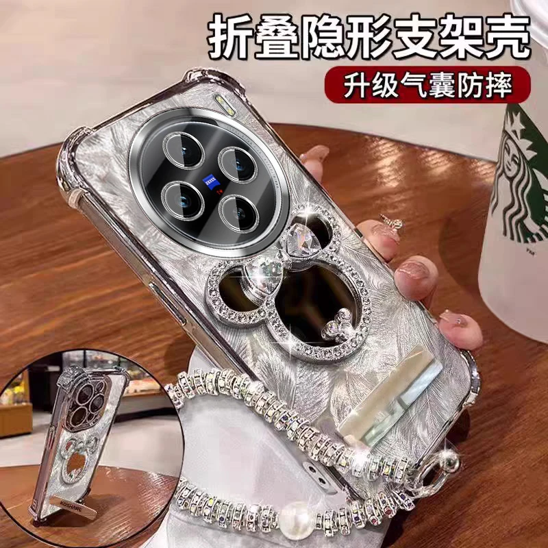 带镜头膜适用vivox100s手机壳镜子支架spro四角防摔X100公主风ins