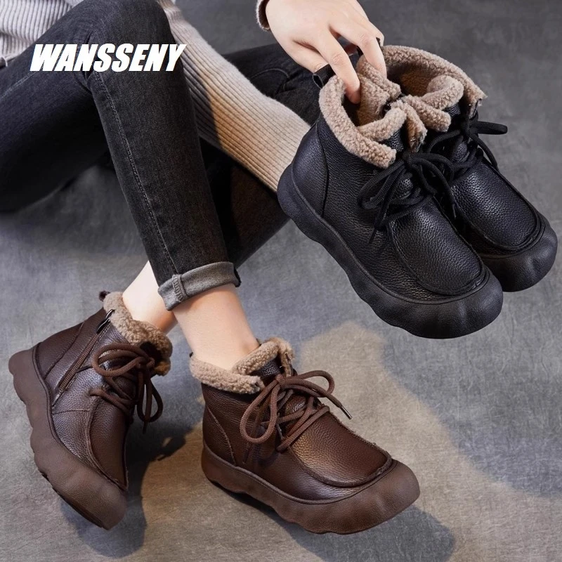 WANSSENY2025年冬季真皮厚底复古雪地靴女加绒棉鞋短筒休闲皮靴女