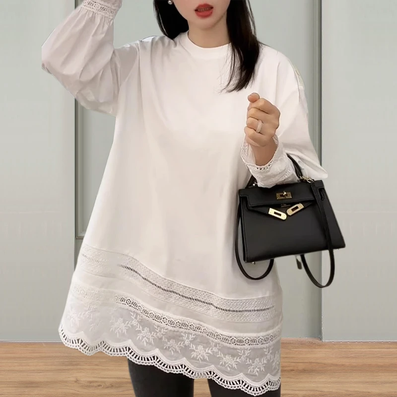 打底衫女款爆款2025新款网红洋气炸街女装春秋韩版蕾丝拼接中长款