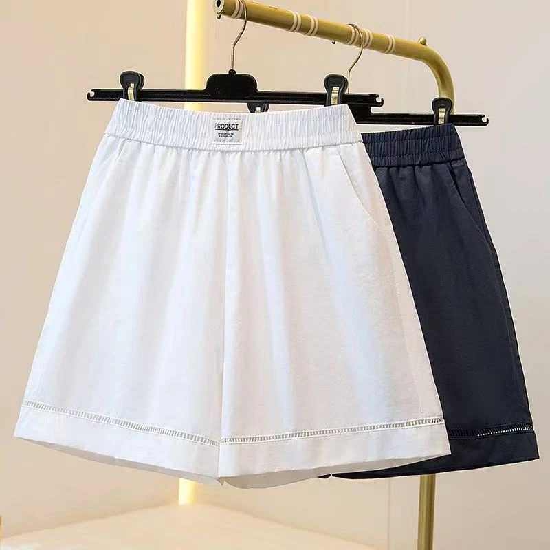 夏装大码女薄款宽松蕾丝边松紧腰短裤显瘦短裤五分阔腿高腰