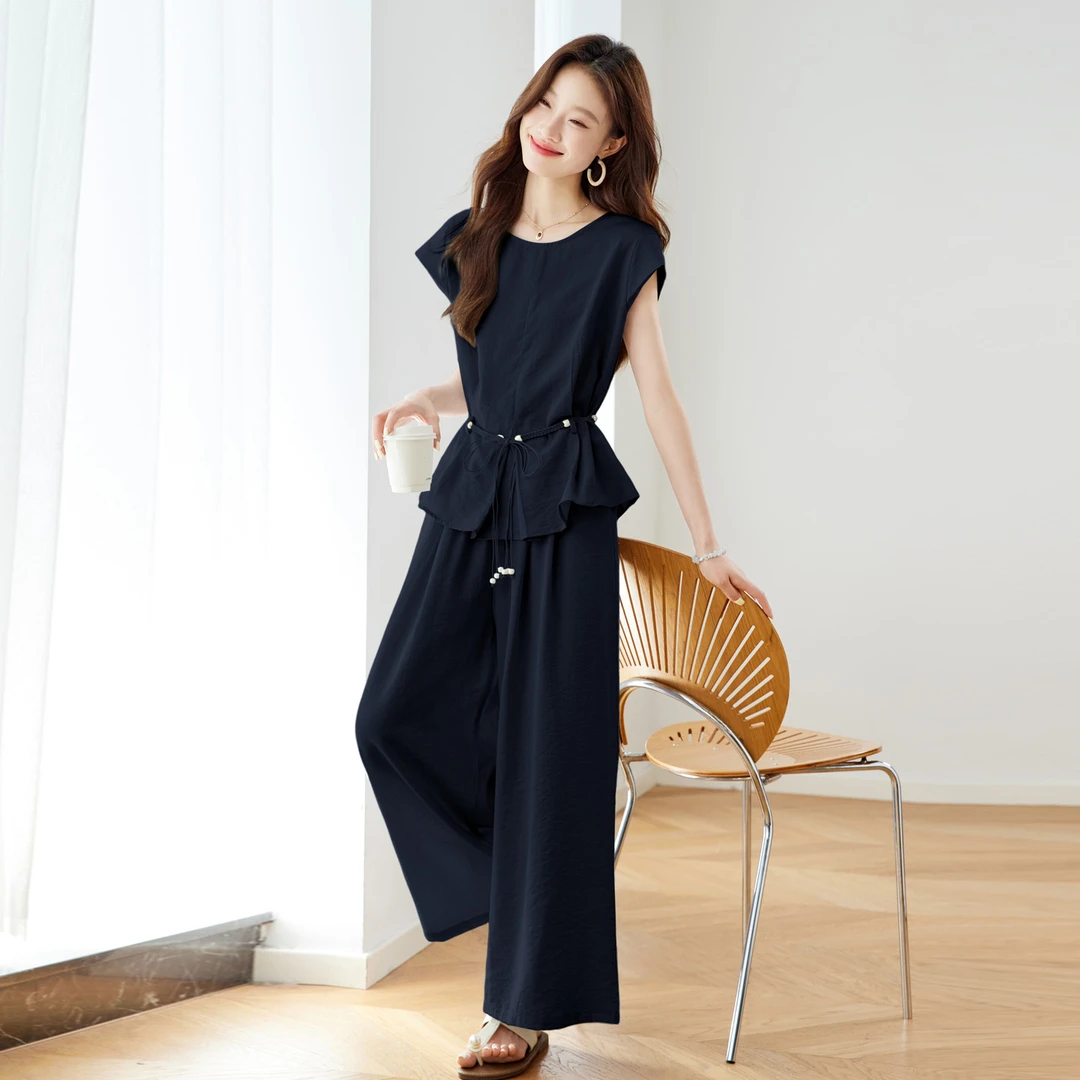 高级感时髦洋气套装女2025夏季新款收腰压褶上衣休闲阔腿裤两件套