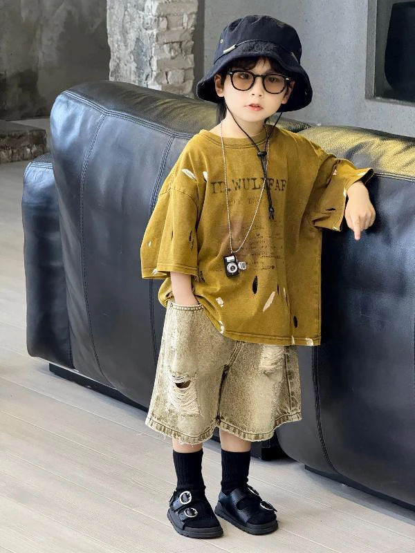 男童破洞扎染短袖T恤2025夏装新款破洞牛仔短裤潮童中牛仔裤男童