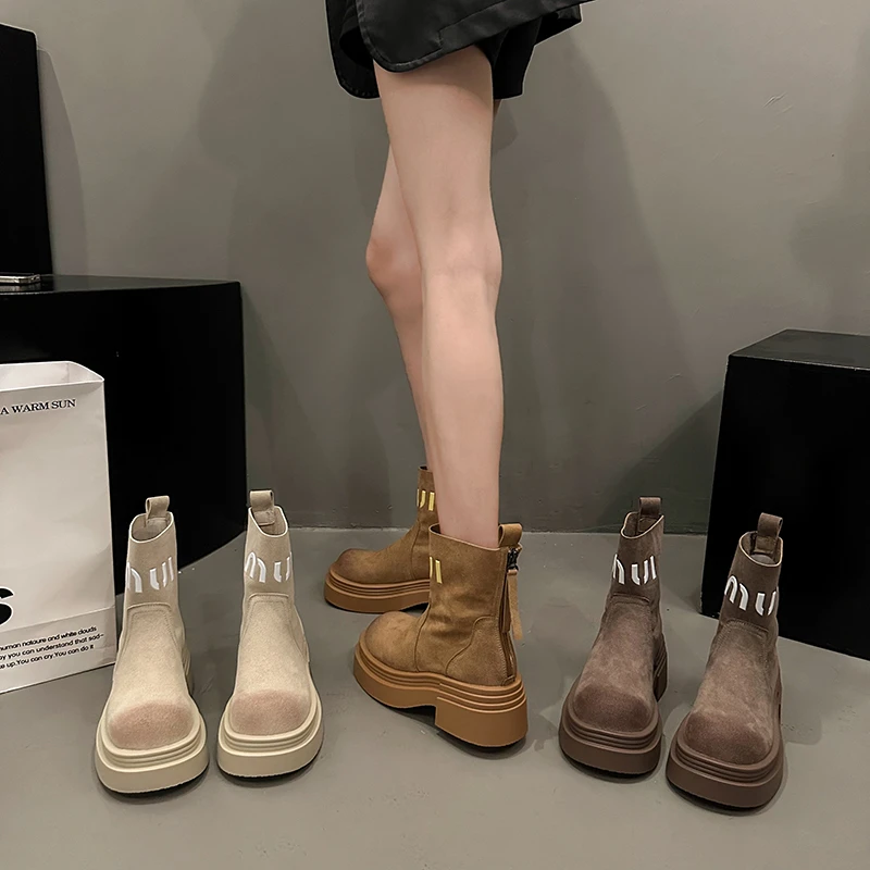 复古马丁靴女鞋磨砂皮字母烟筒靴切尔西靴松糕机车短靴工装大黄靴