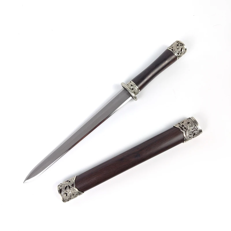 【11】银龙短剑黑檀木鞘白铜装饰乌兹钢剑身不开刃工艺品