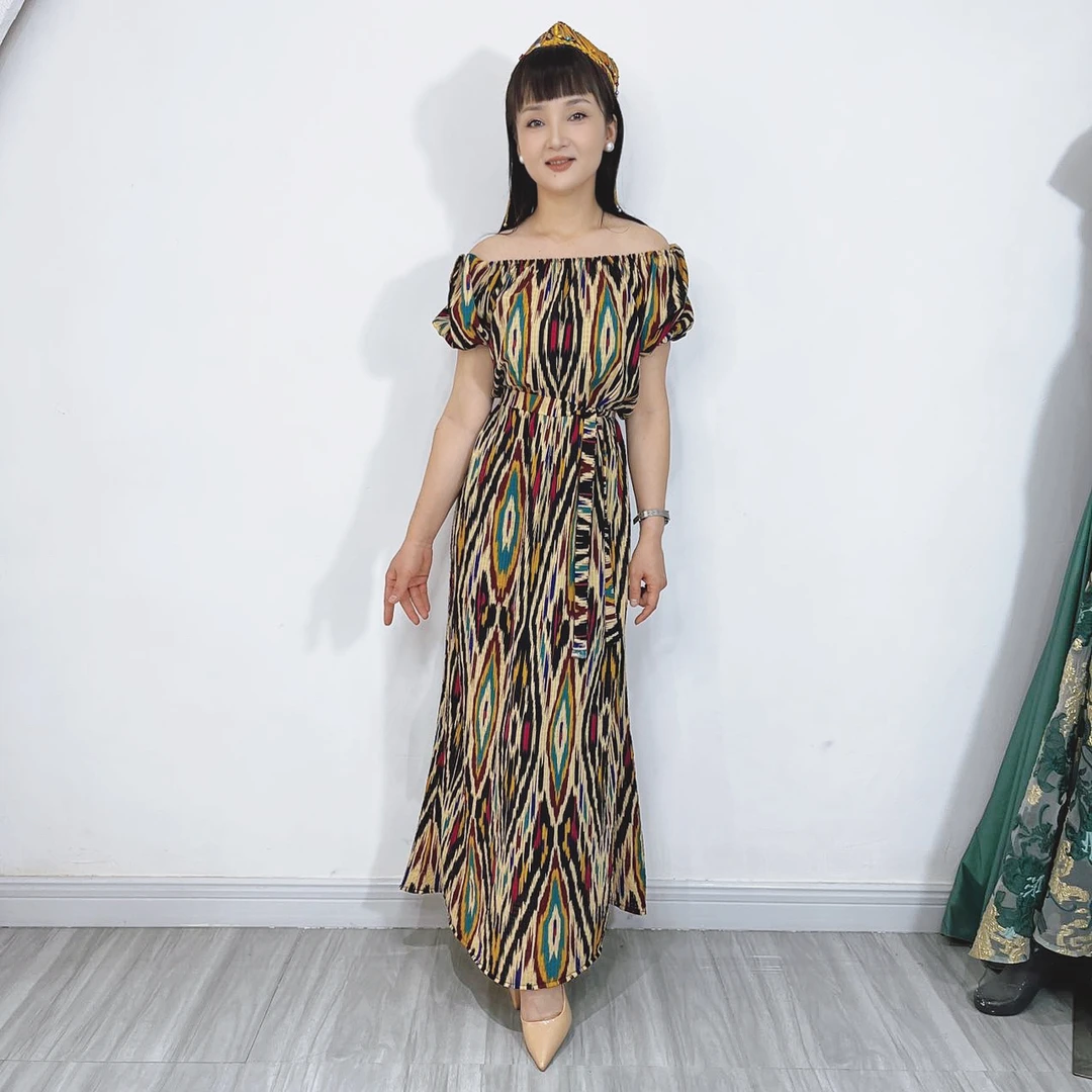 艾特莱斯圆领夏季短袖超长款大摆宽松连衣裙圆领