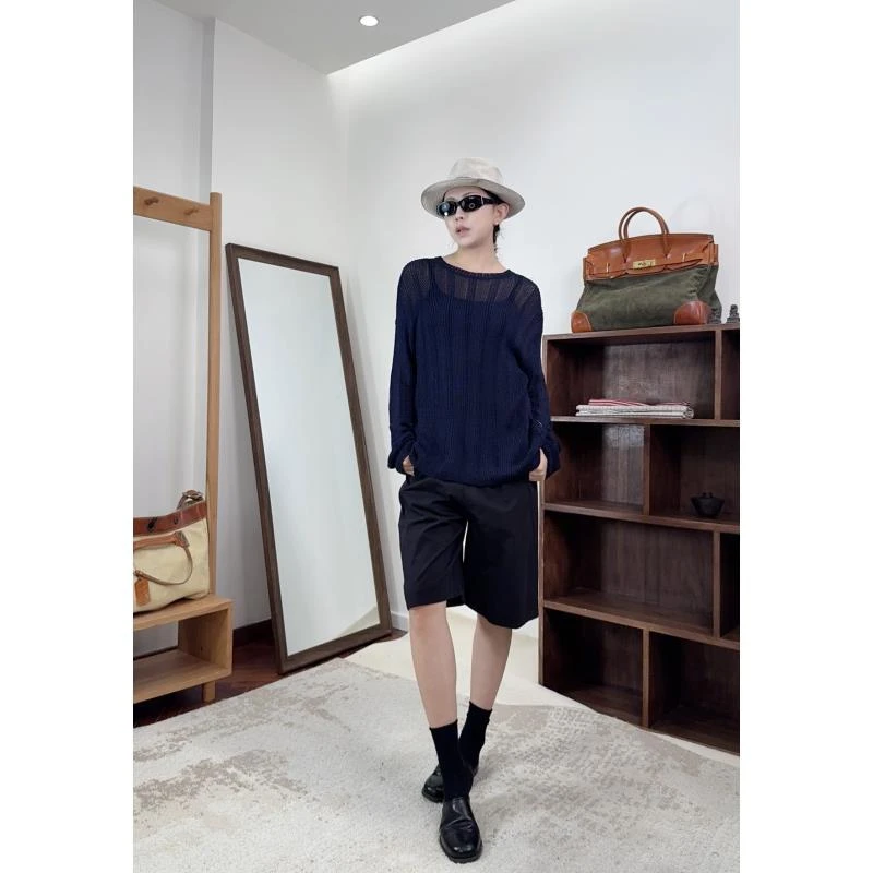 小众设计潮牌买手店男女同款Z 竖条纹夏日防晒蓝染针织衫48108