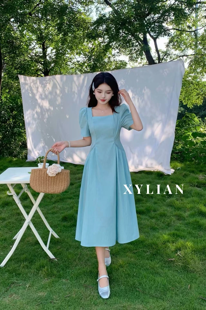 6017#时尚气质法式方领连衣裙【长110】