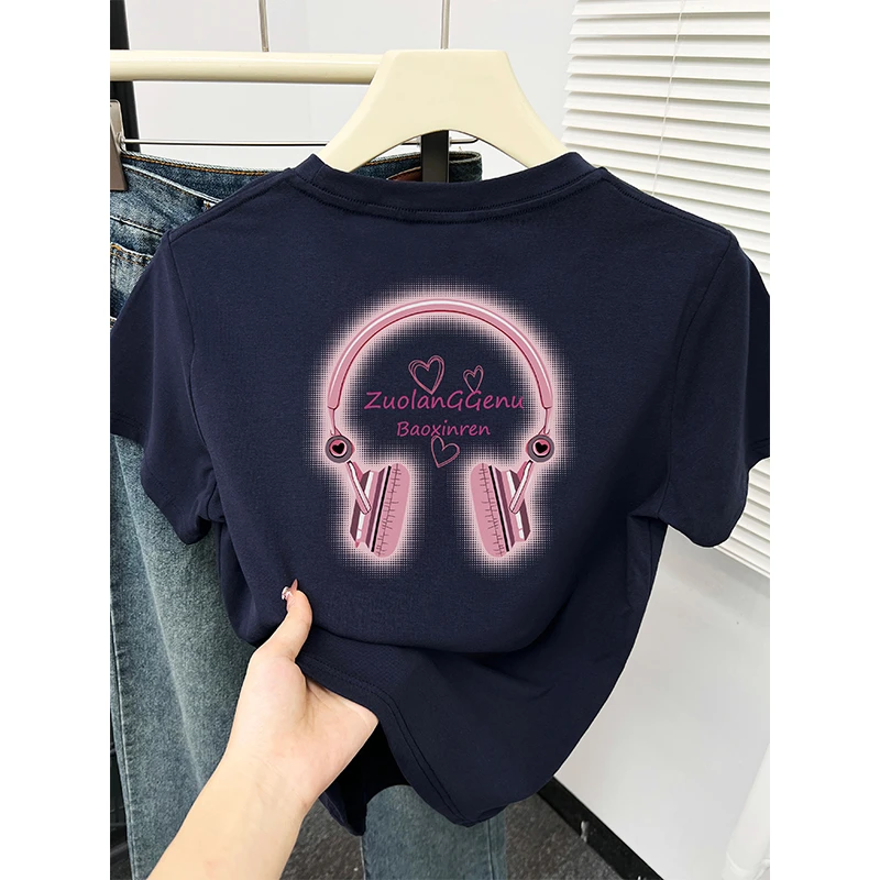 减龄前后印花别致设计正肩短袖t恤女夏季新款小个子穿搭洋气上衣