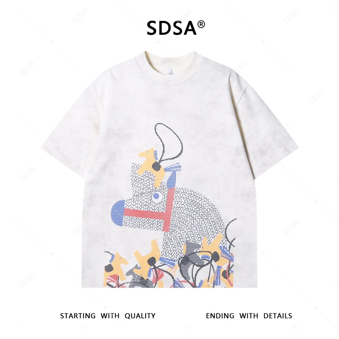 夏季高级感新款男士满天星小众圆领短袖T恤卡通小马印花百搭上衣