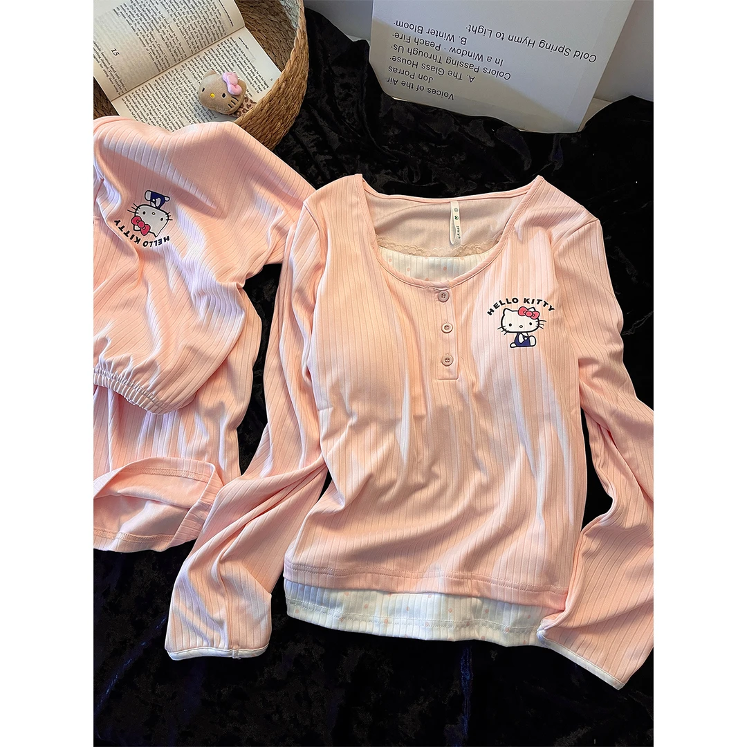 甜粉少女卡通HelloKitty印花莫代尔棉睡衣女春秋款纯欲家居服套装