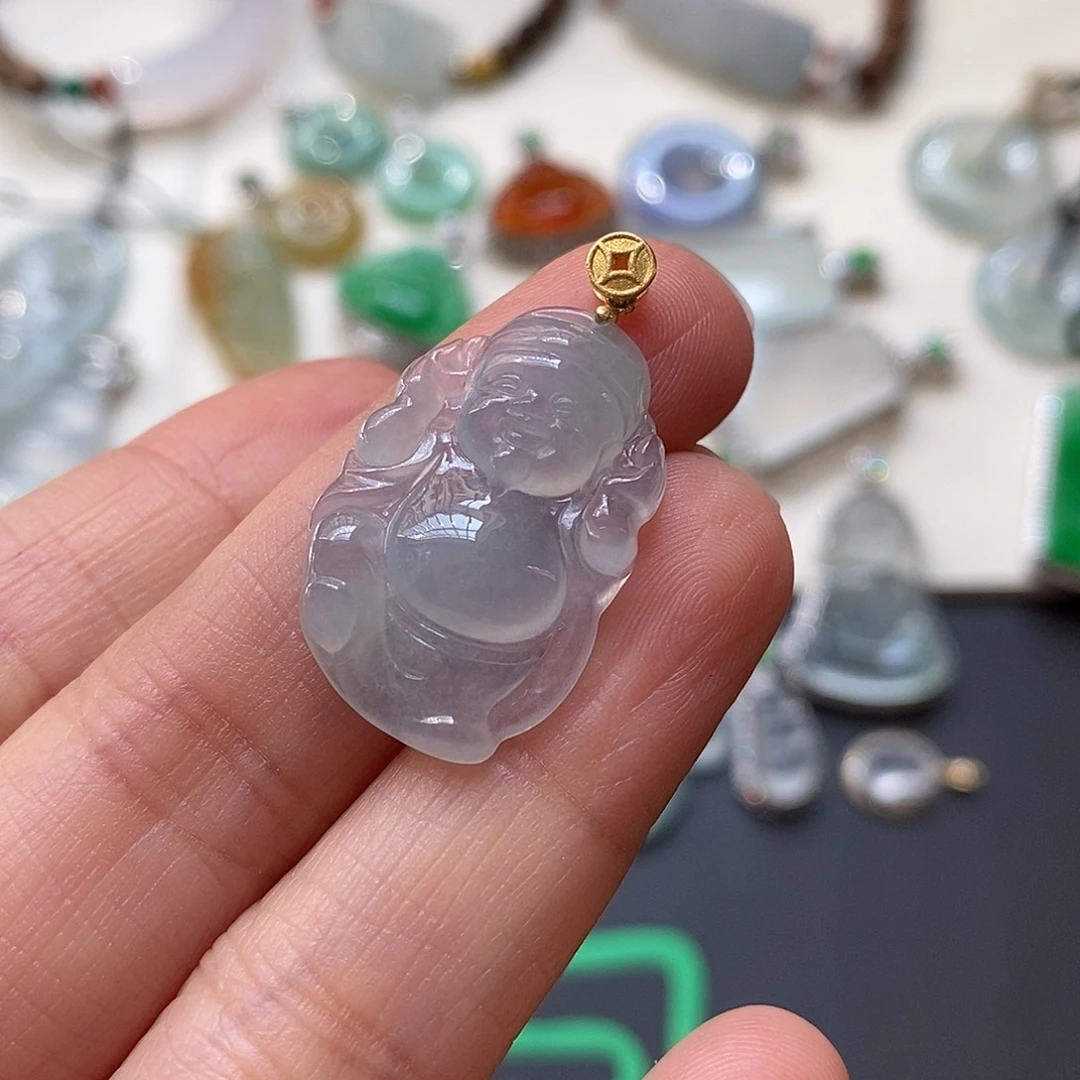 翡翠颈饰18K金镶嵌财神爷