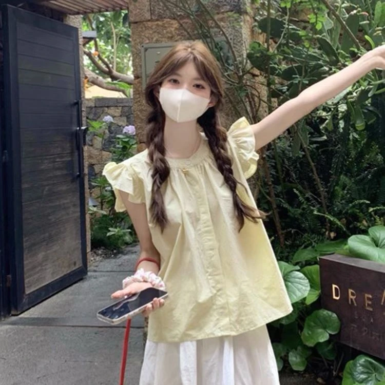 小清新圆领飞飞袖一字肩衬衫女夏季法式甜美减龄设计高冷酷飒女装