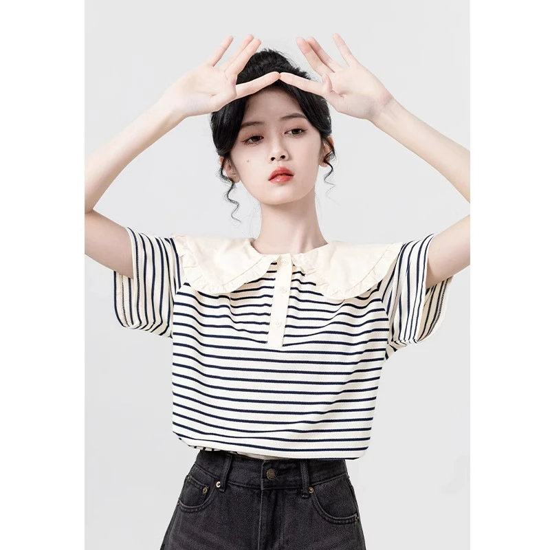 初高中生娃娃领短袖T恤少女夏装2025新款学生条纹花边翻领上衣