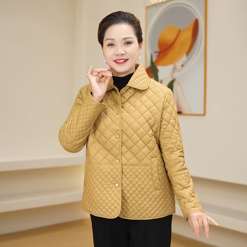 中老年女装妈妈装春秋新款棉服polo领单排扣薄款棉衣短外套宽松女