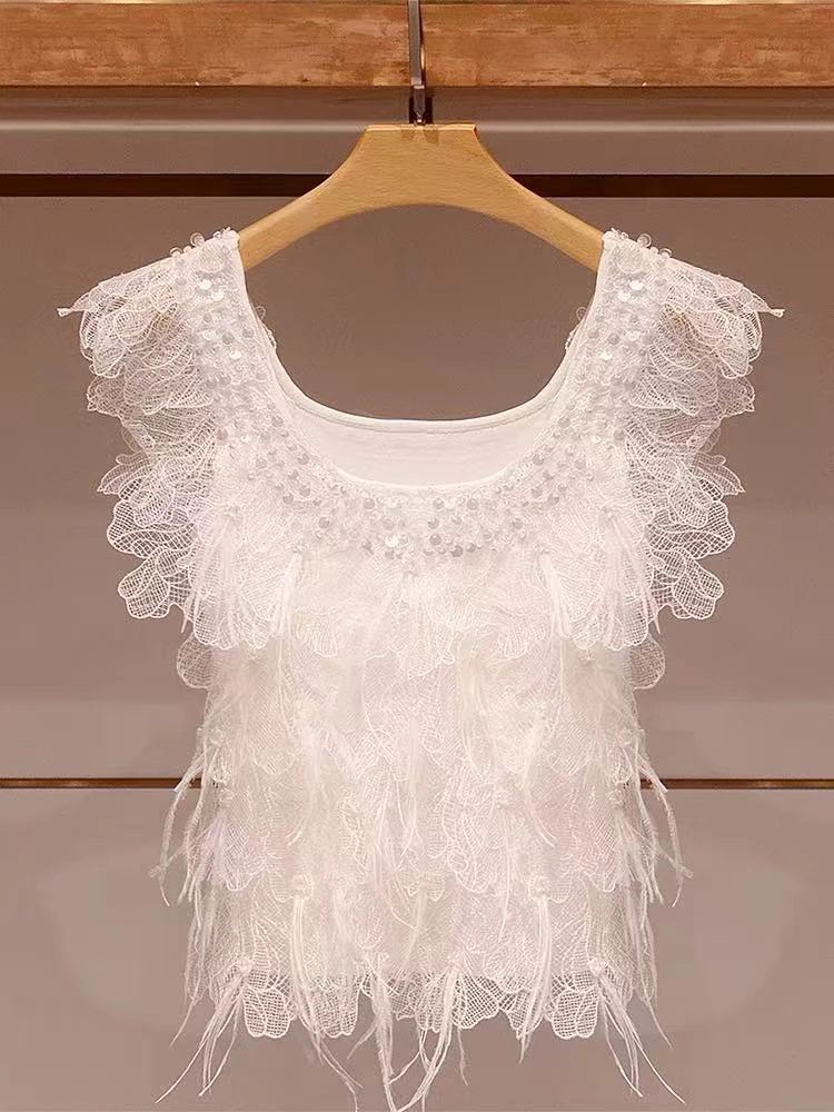 2025新款法式重工亮片蕾丝无袖吊带背心女夏季新款高级感短上衣