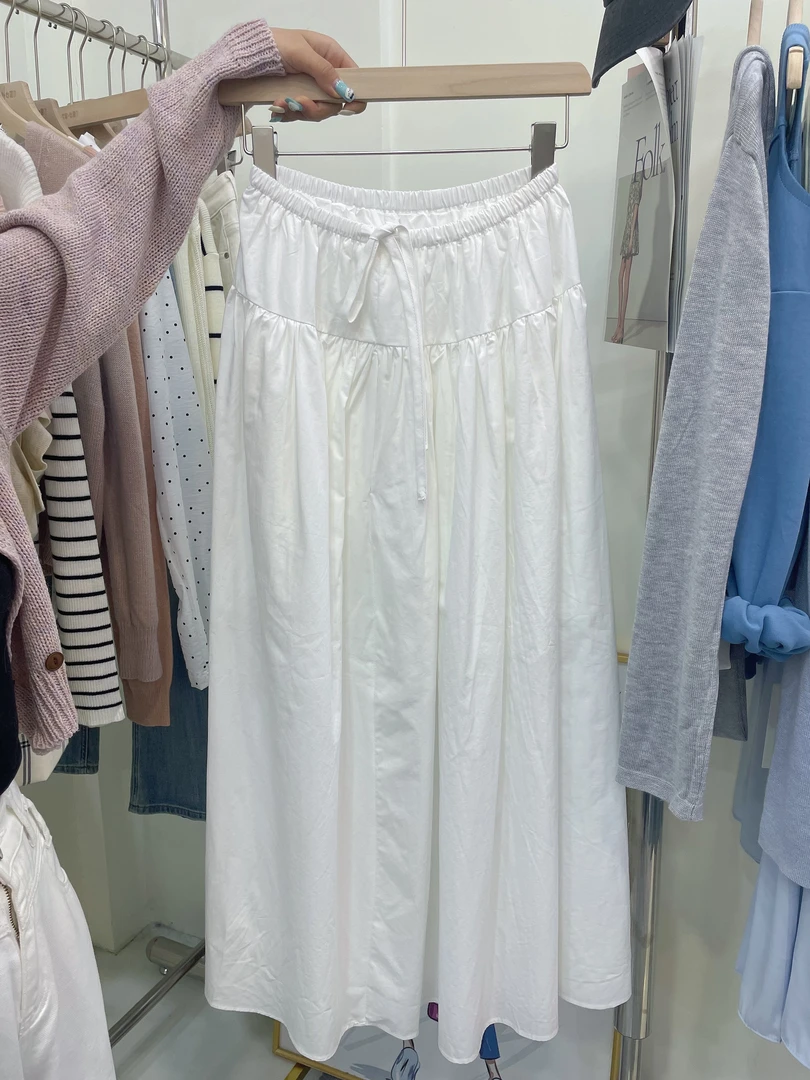 法式白色棉质半身裙女2025春夏新款高腰显瘦拼接系带大摆A字长裙