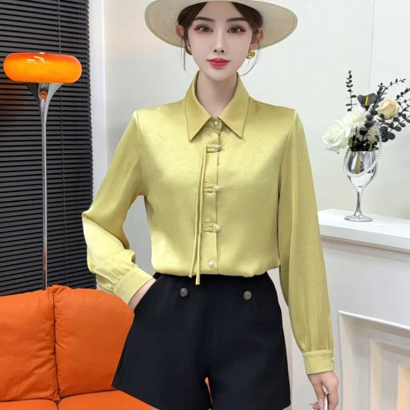 中式衬衫复古缎面长袖上衣2025新款国风春季盘扣气质提花衬衣