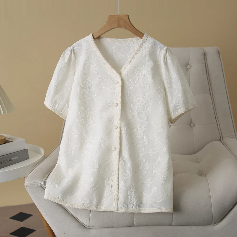 DYZ大码女装小香风绣花衬衣女2025年夏季新款V领纯棉短袖衬衫上衣