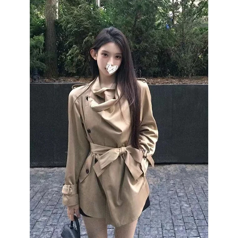 法式气质不规则中短款风衣外套女秋季新款经典廓形收腰系带大衣潮
