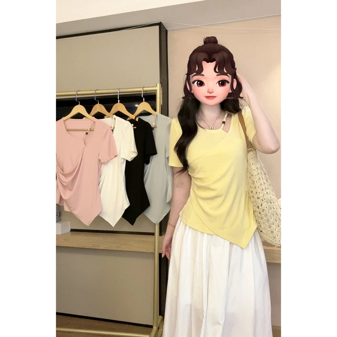 大码女装胖mm设计感不规则立体装饰褶皱上衣夏季新款收腰显瘦T恤