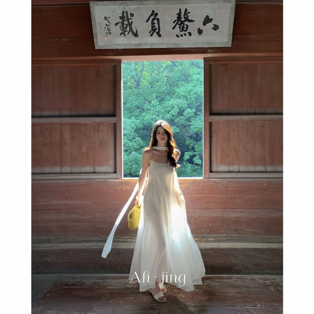 Ah·Jing 梓静【朝露浣纱】时尚简约吊带裙仙女风白色仙感连衣裙058