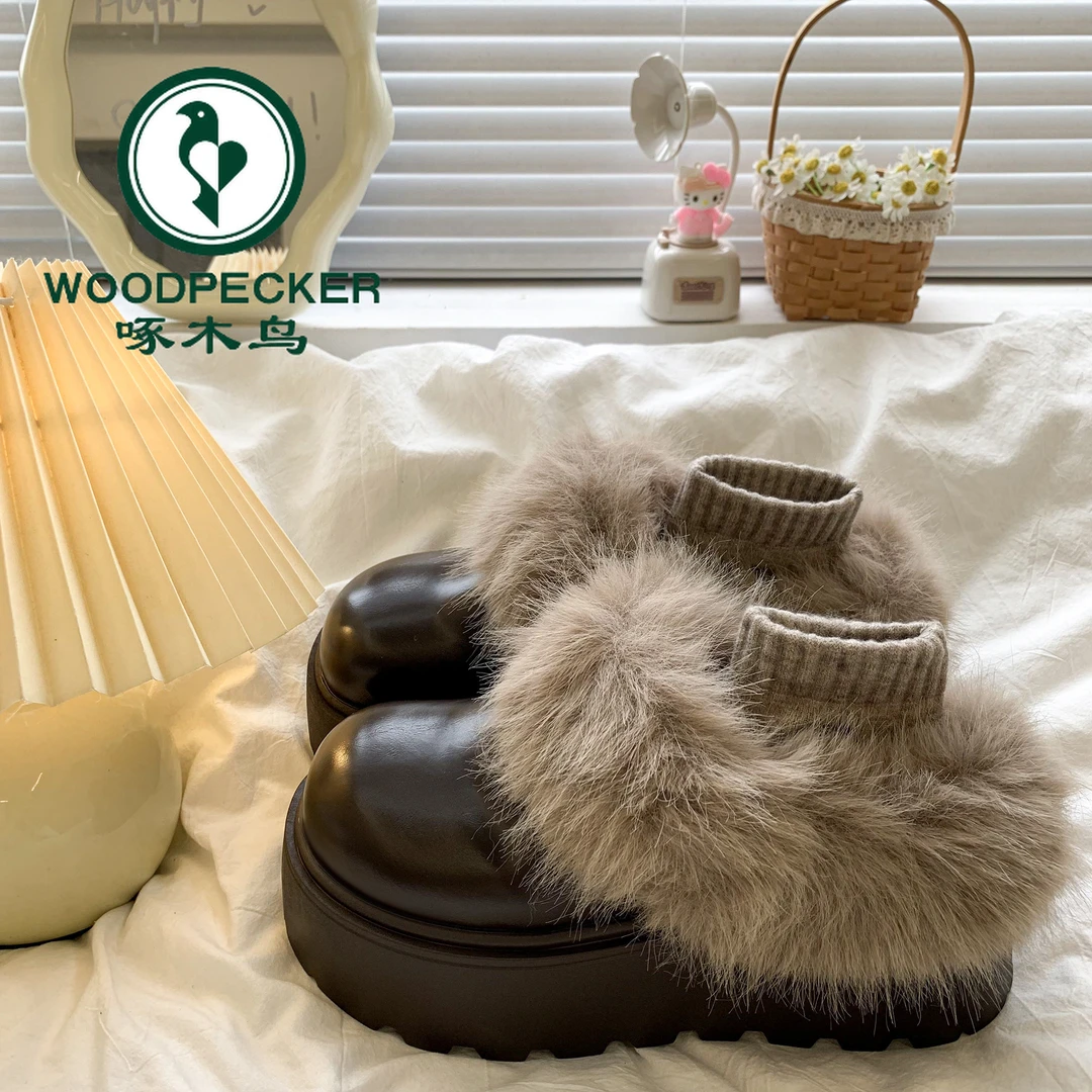 啄木鸟厚底包头毛毛鞋加绒保暖增高雪地靴2025秋冬新款时尚棉拖鞋