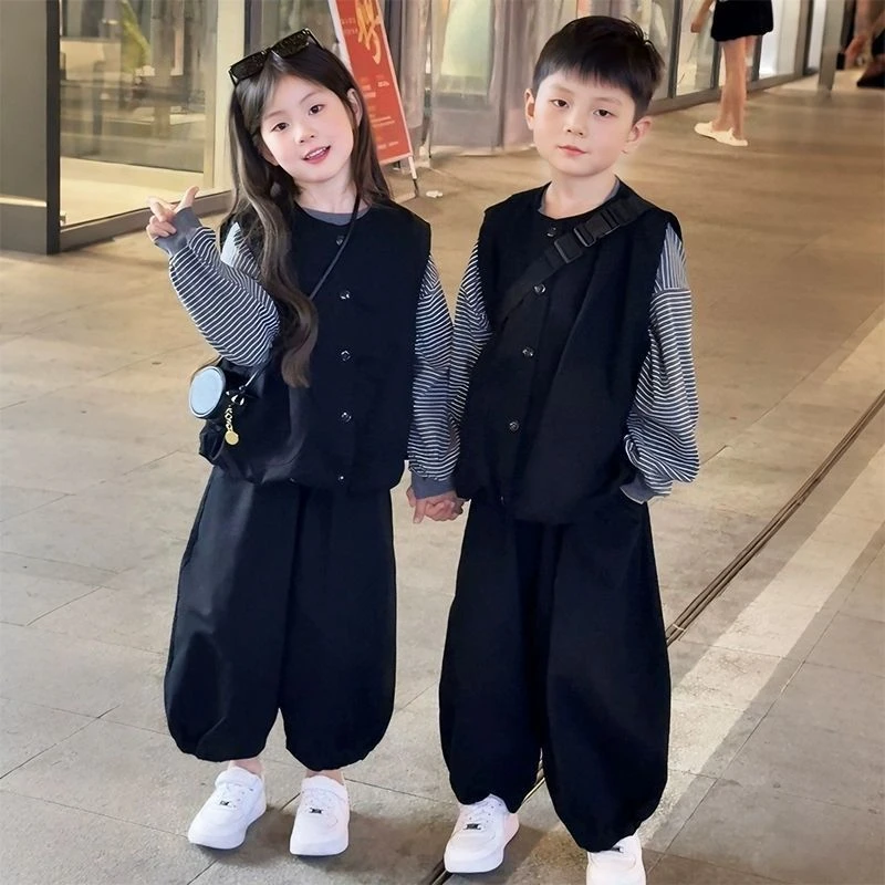 女童时髦套装春秋2025新款洋气儿童姐弟装韩版中大童马甲三件套潮