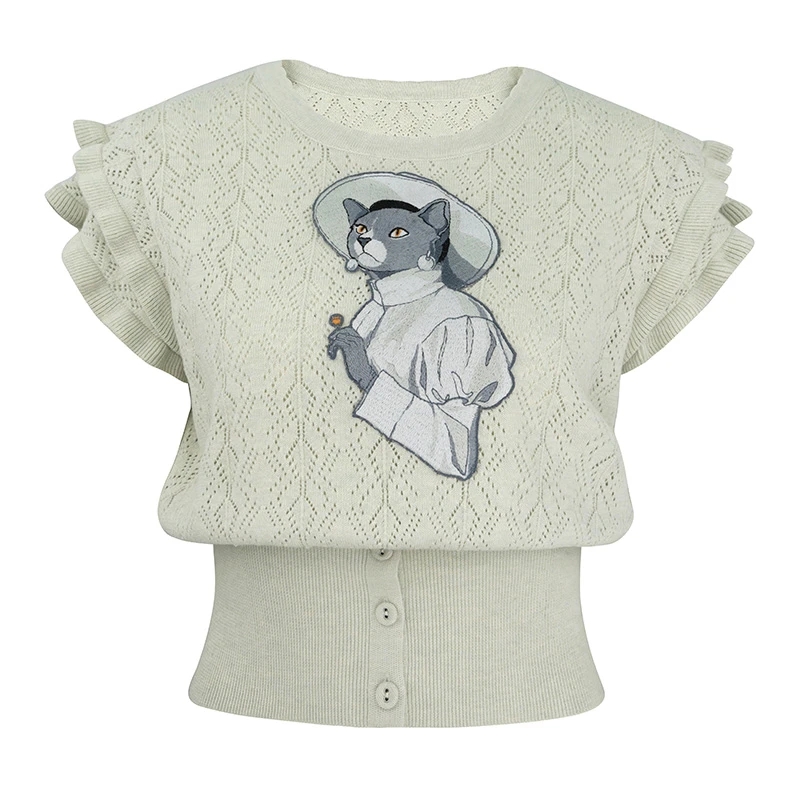 JUNGLE ME夏季圆领镂空小飞袖针织衫女修身甜美减龄短袖上衣宽松