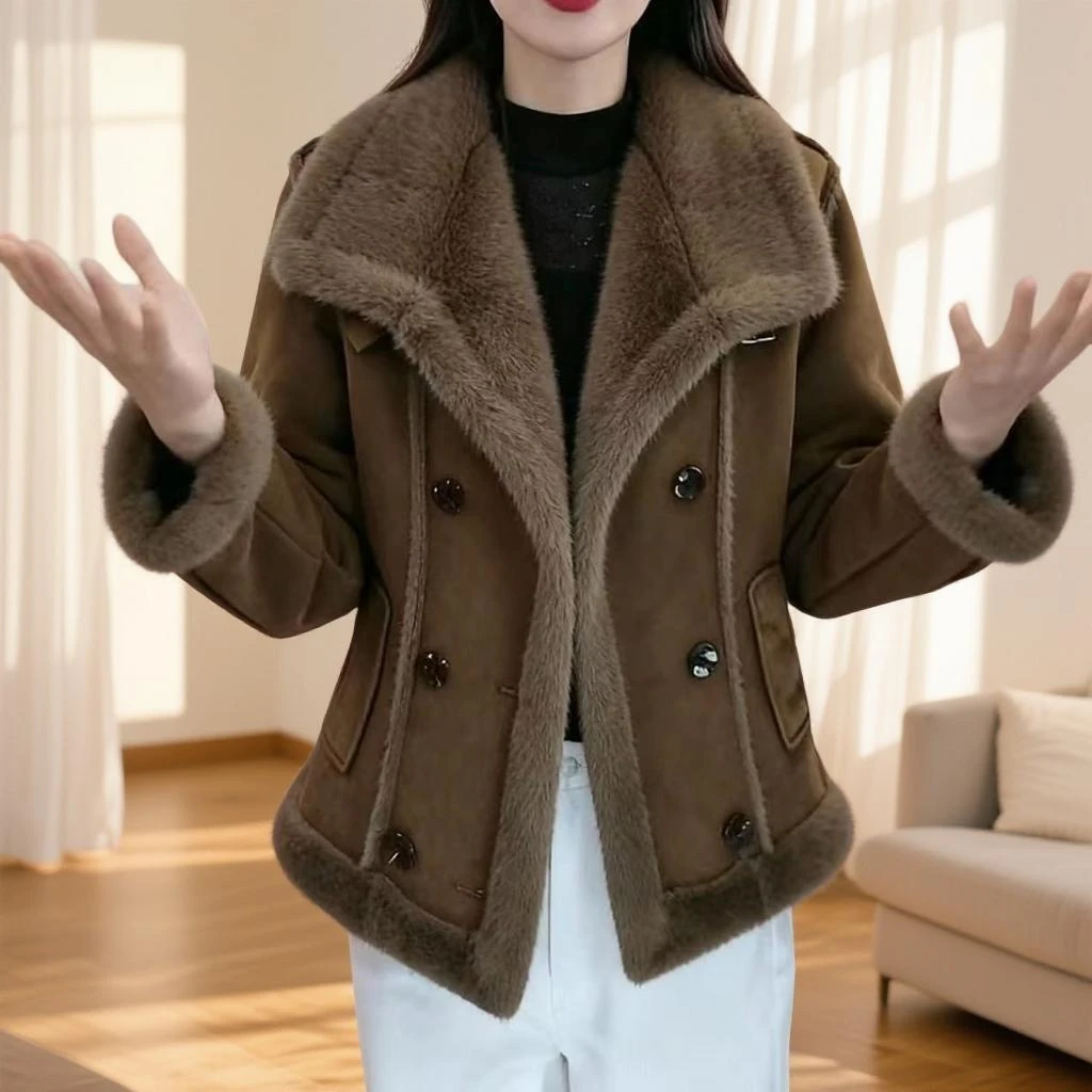 短款保暖女冬季宽松型立领短外套网红加厚女士百搭皮毛一体外套女