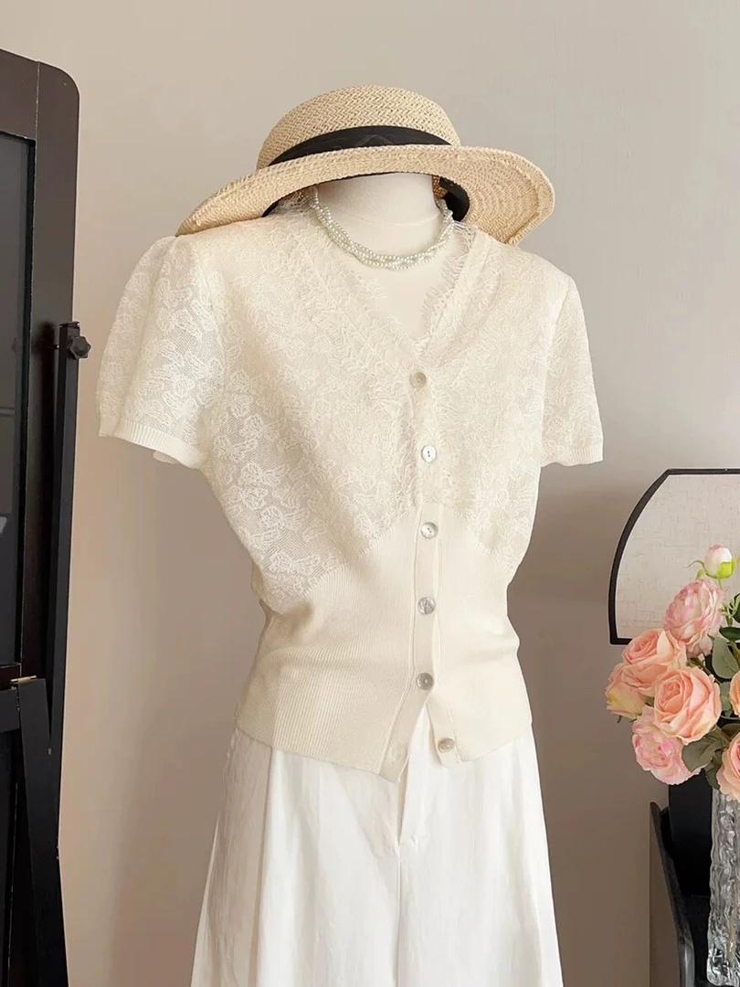 小香风拼接蕾丝辣妹针织短袖女款爆款2025新款薄款显瘦新款上衣
