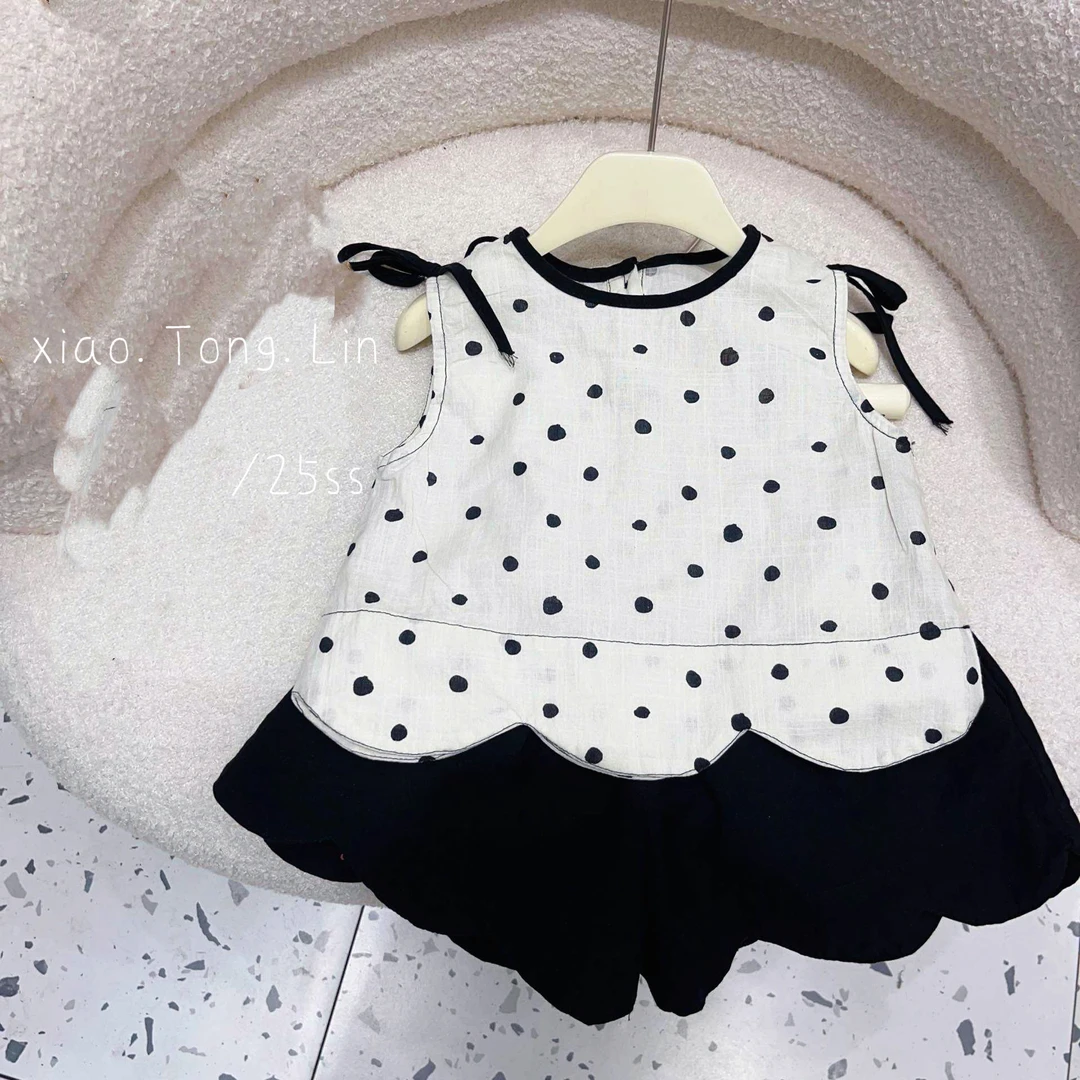 【XTL】2025新夏韩系黑色波点棉麻短裤套装88023