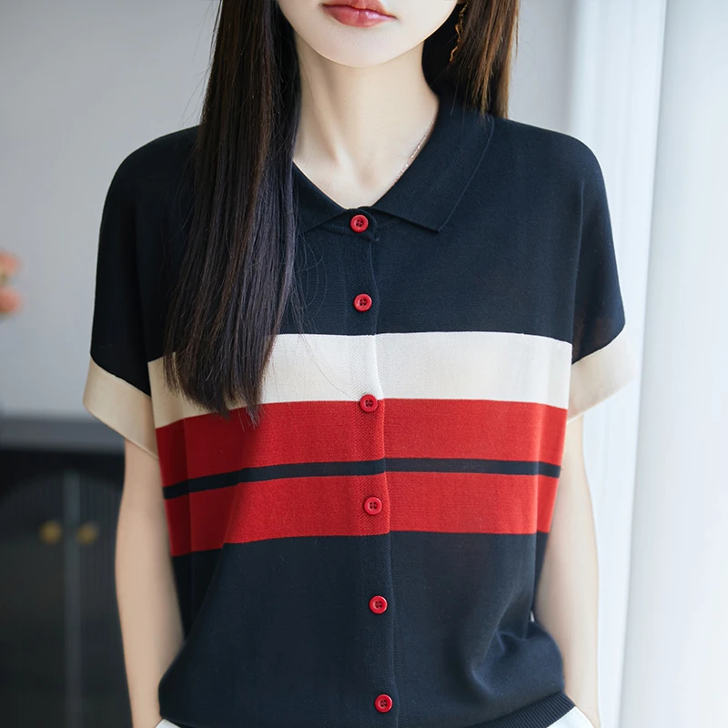 哥弟阿玛施正品女装针织开衫韩版条纹翻领上衣夏季休闲百搭开衫女