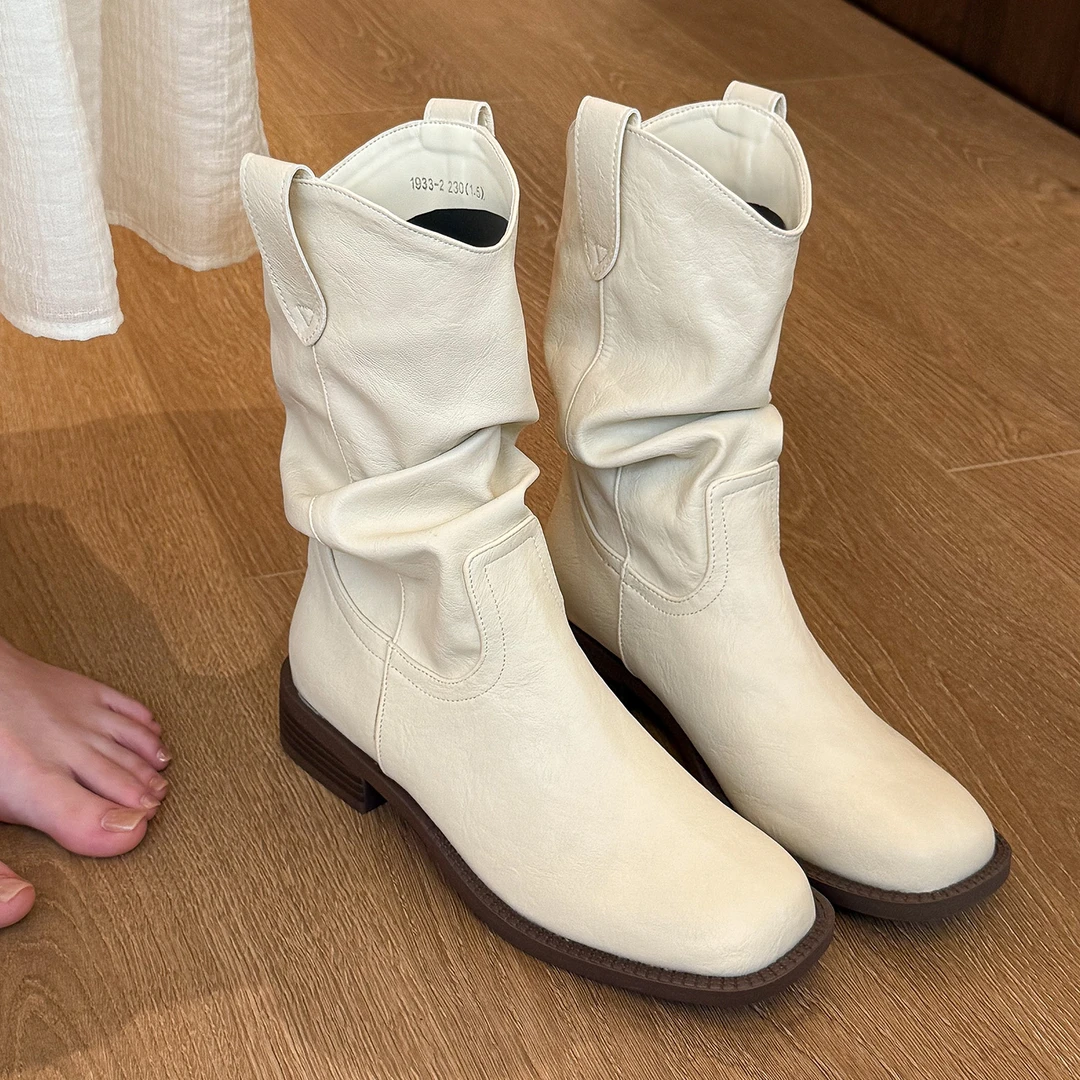 elingstudio 森系少女！米白方头皱褶中筒靴女秋季新款粗跟马丁靴
