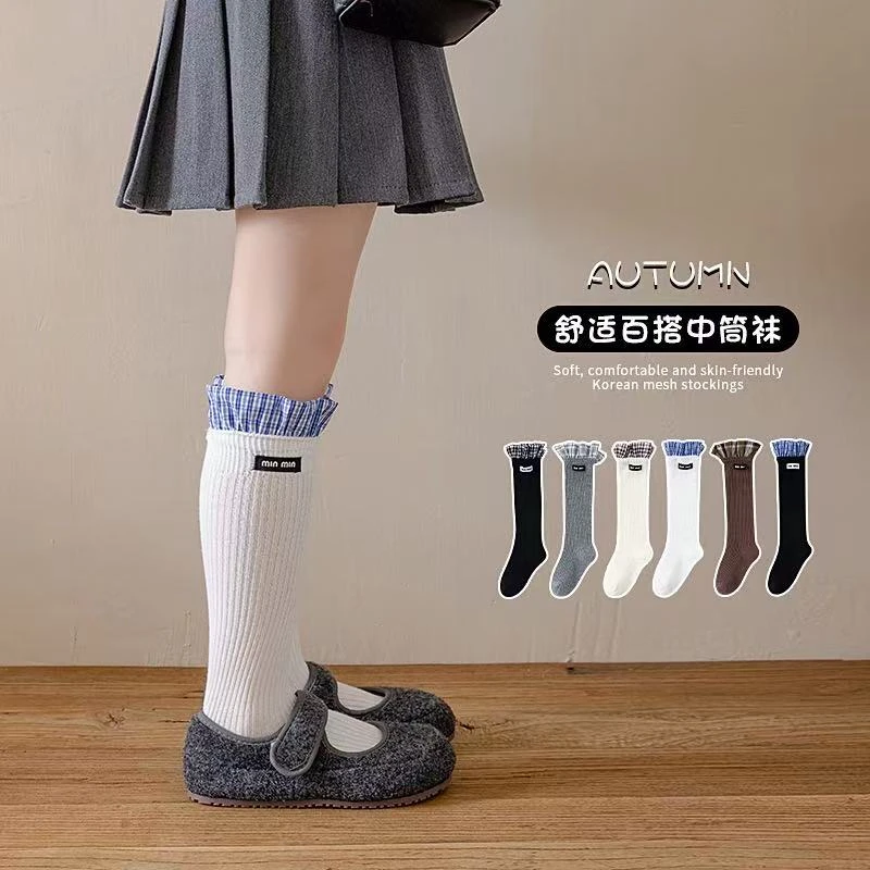 miu系女童双针小腿袜秋冬新款格子花边布标中筒袜女孩长筒堆堆袜