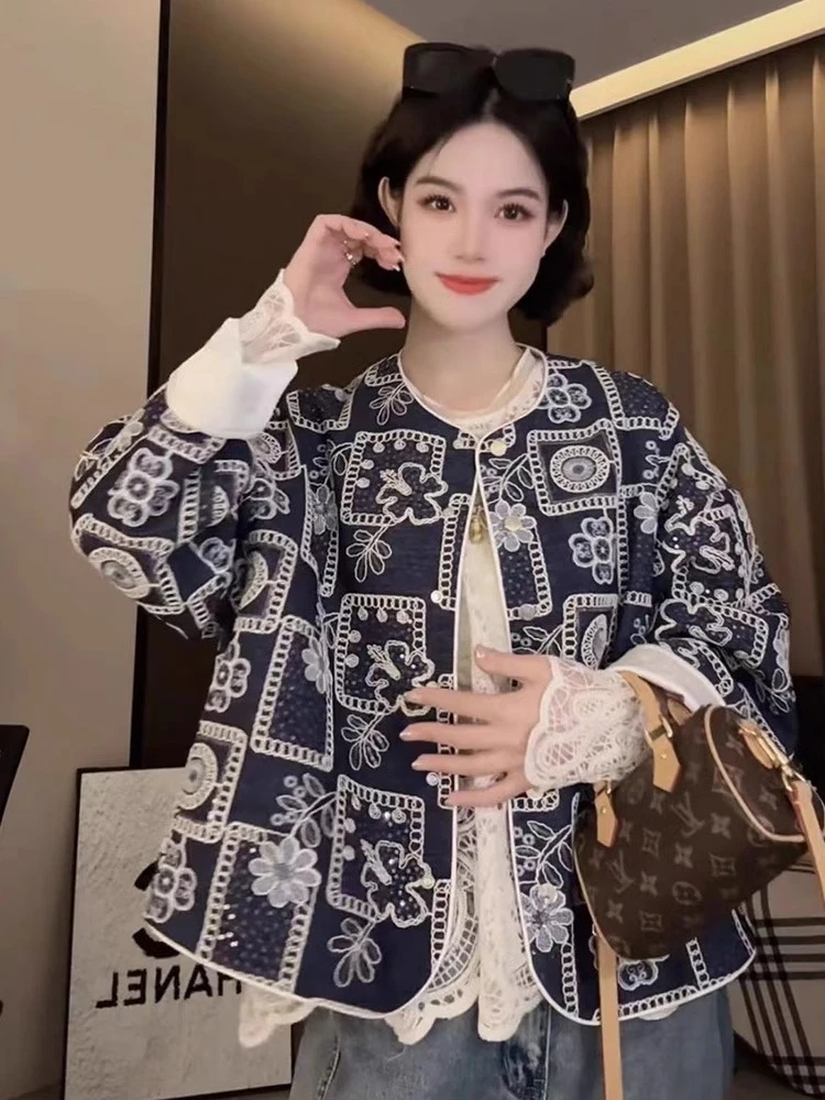 【青花蓝】蓝色刺绣新中式国风盘扣西装外套女春秋2025爆款