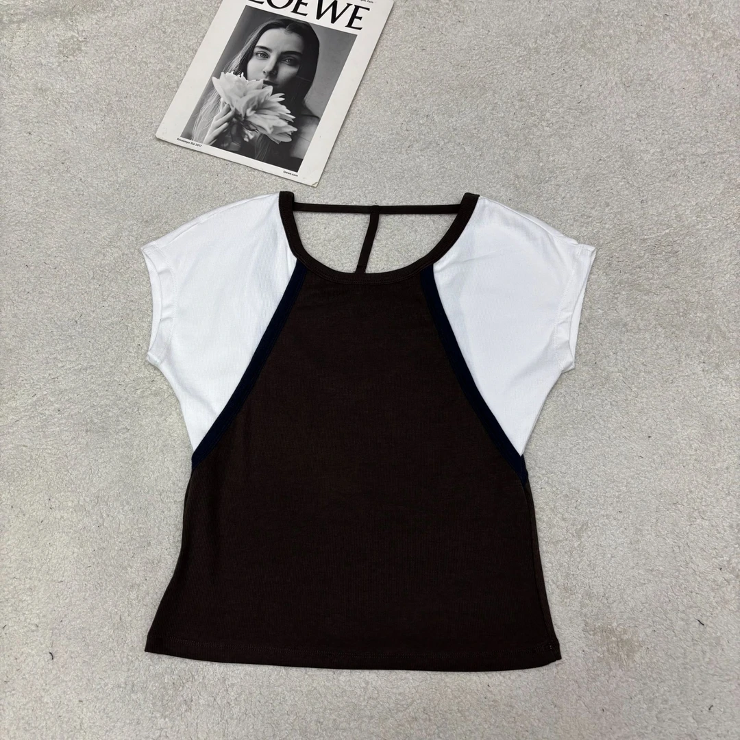 2025夏季新款设计感撞色露背显瘦圆领T恤25673