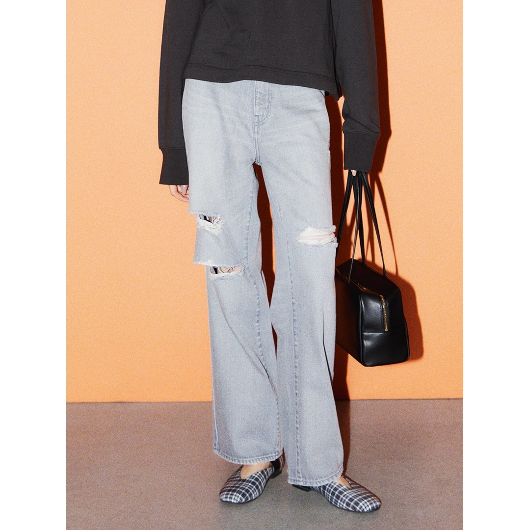 【MonTendre】秋季新款 时尚气质百搭褶皱破洞复古设计感直筒牛仔裤