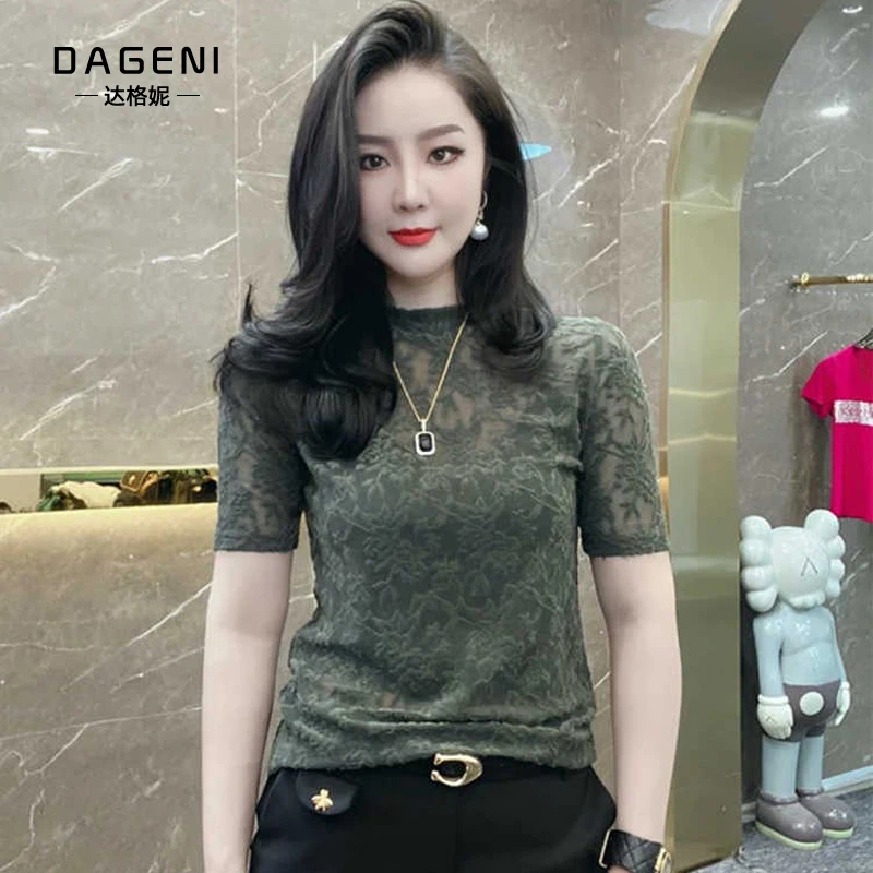 薄款蕾丝短袖T恤女夏季2025新款微透视镂空半袖体恤打底外穿小衫