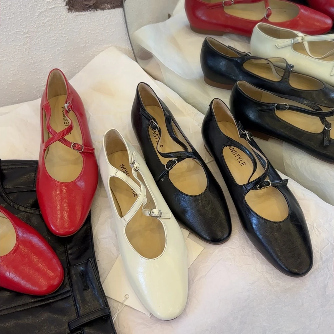 【六呈六】牛皮/2CM/极简高级气质优雅交叉带玛丽珍浅口单鞋女009