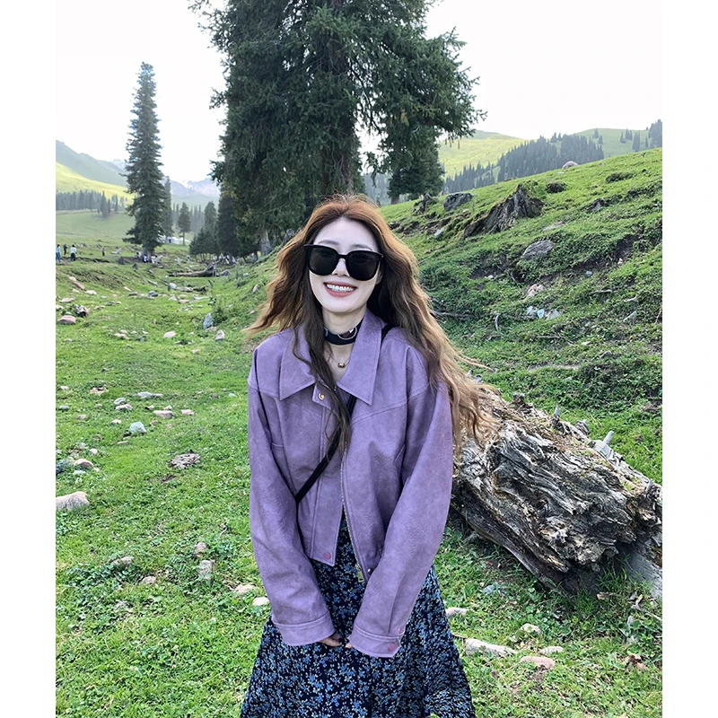 parkyeon美式紫色夹克外套女秋季新款不规则碎花吊带连衣裙两件套