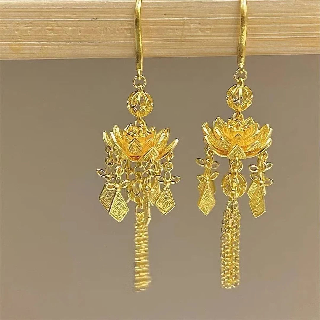 铜合金耳饰 古法金色花丝步步生莲花流苏耳环女轻奢气质耳饰