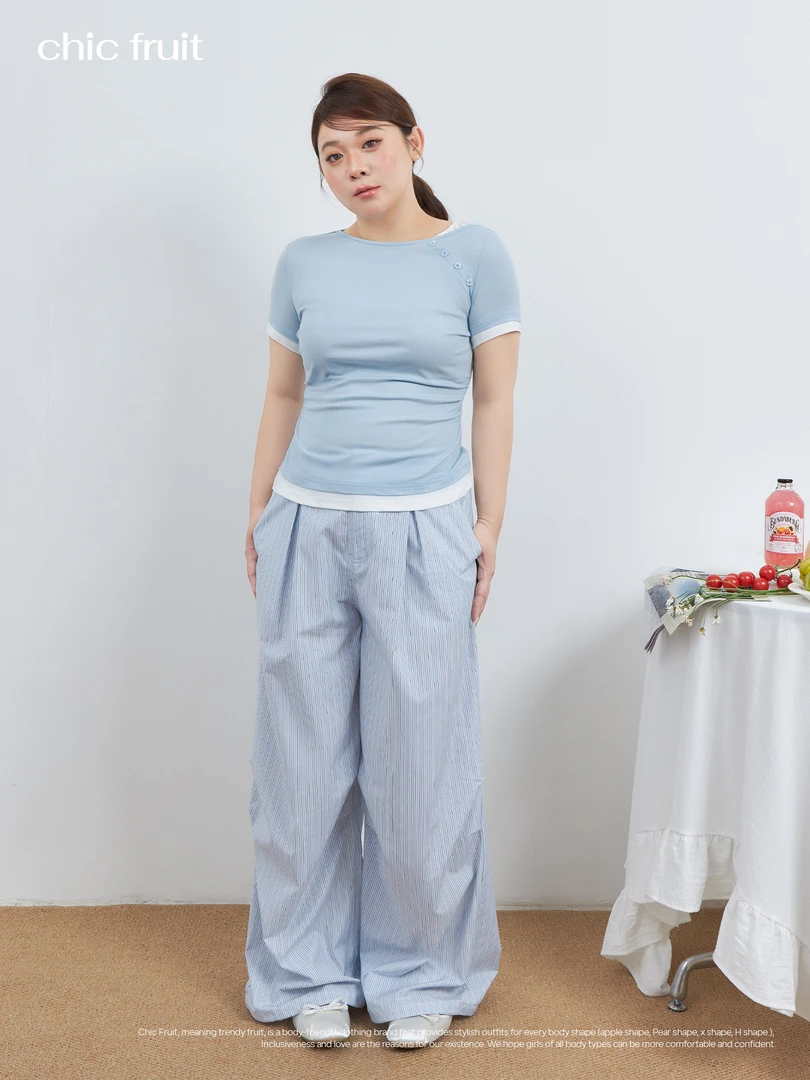 Chic Fruit微胖大码条纹花边爱心口袋休闲裤