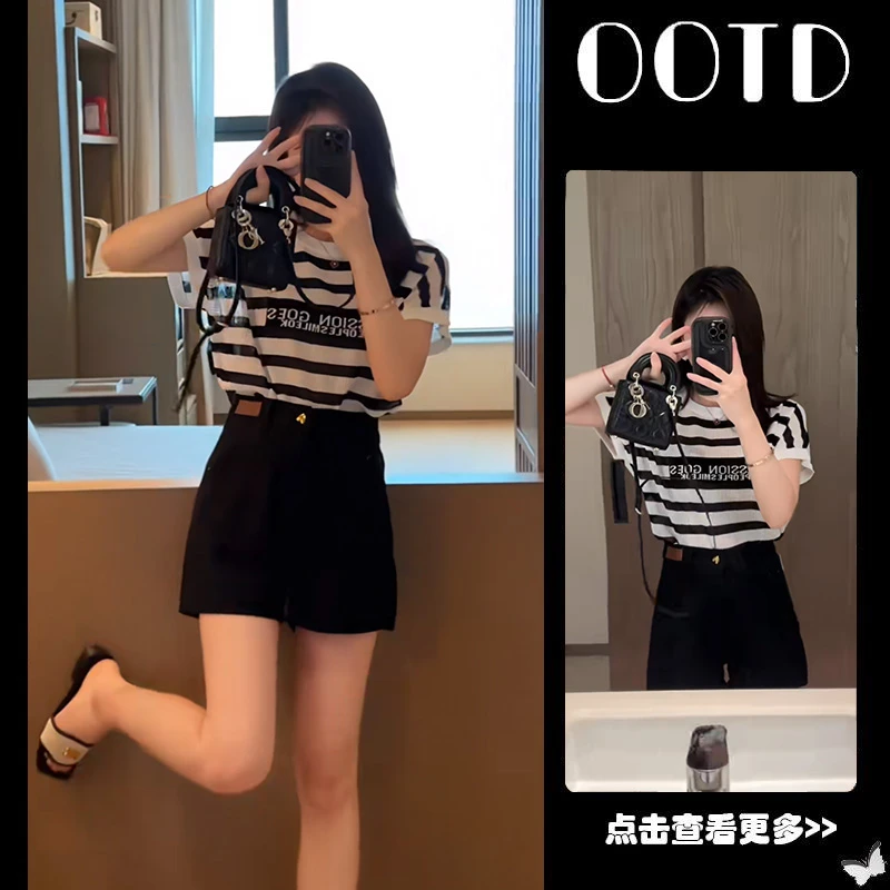 今年流行穿搭一整套2025夏季新款韩版条纹短袖T恤牛仔短裤两件套